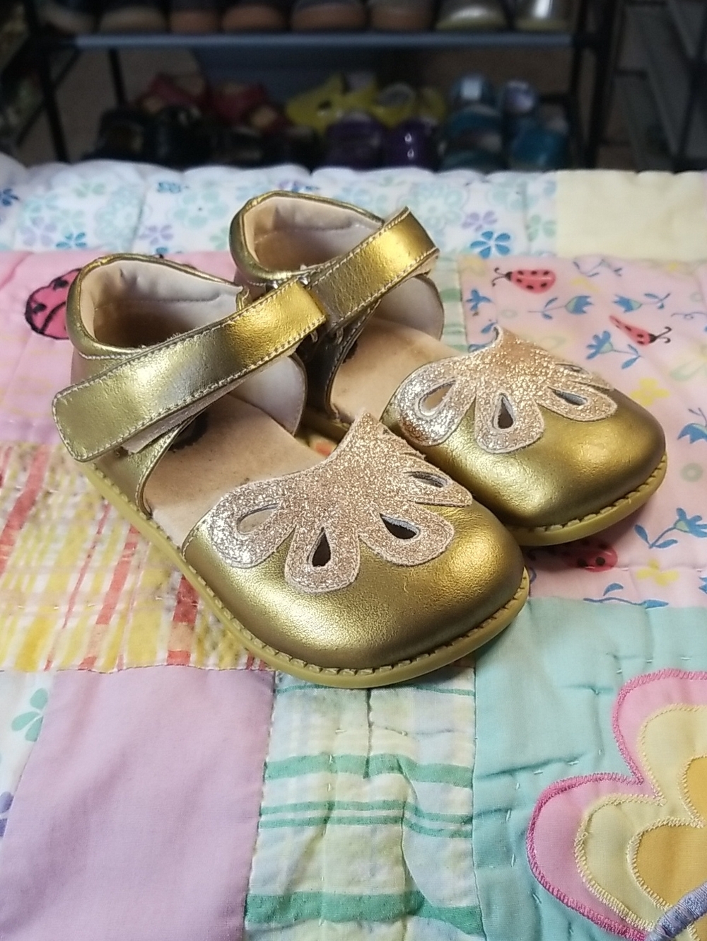 Livie & Luca Gold Leather Mary Jane Shoes with Gold Glitter Size 9 Petals